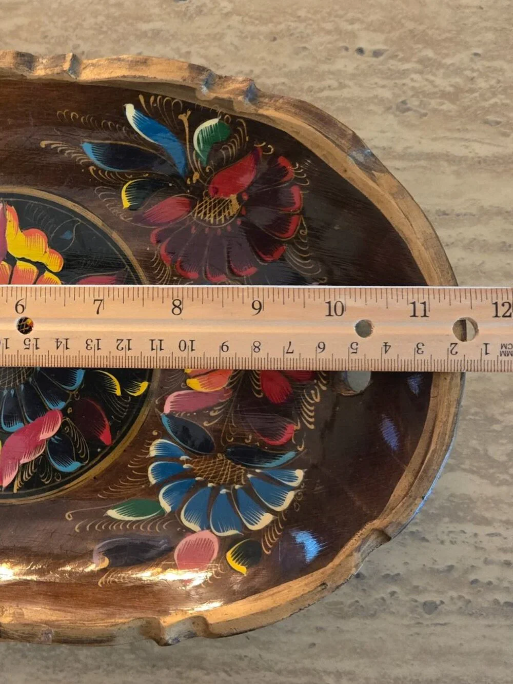 Hand Painted Mexican Folk Art Wood Oval Bowl/Tray Floral Design 11.5”x7.75